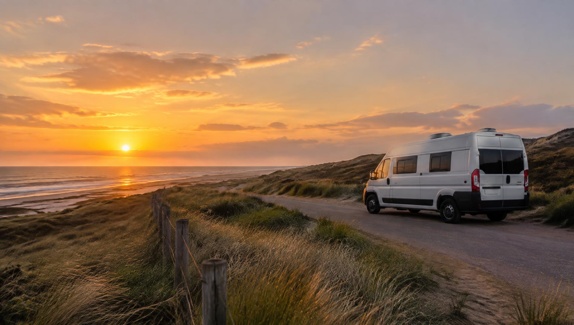 Camper op een Nederlandse kustweg bij zonsondergang